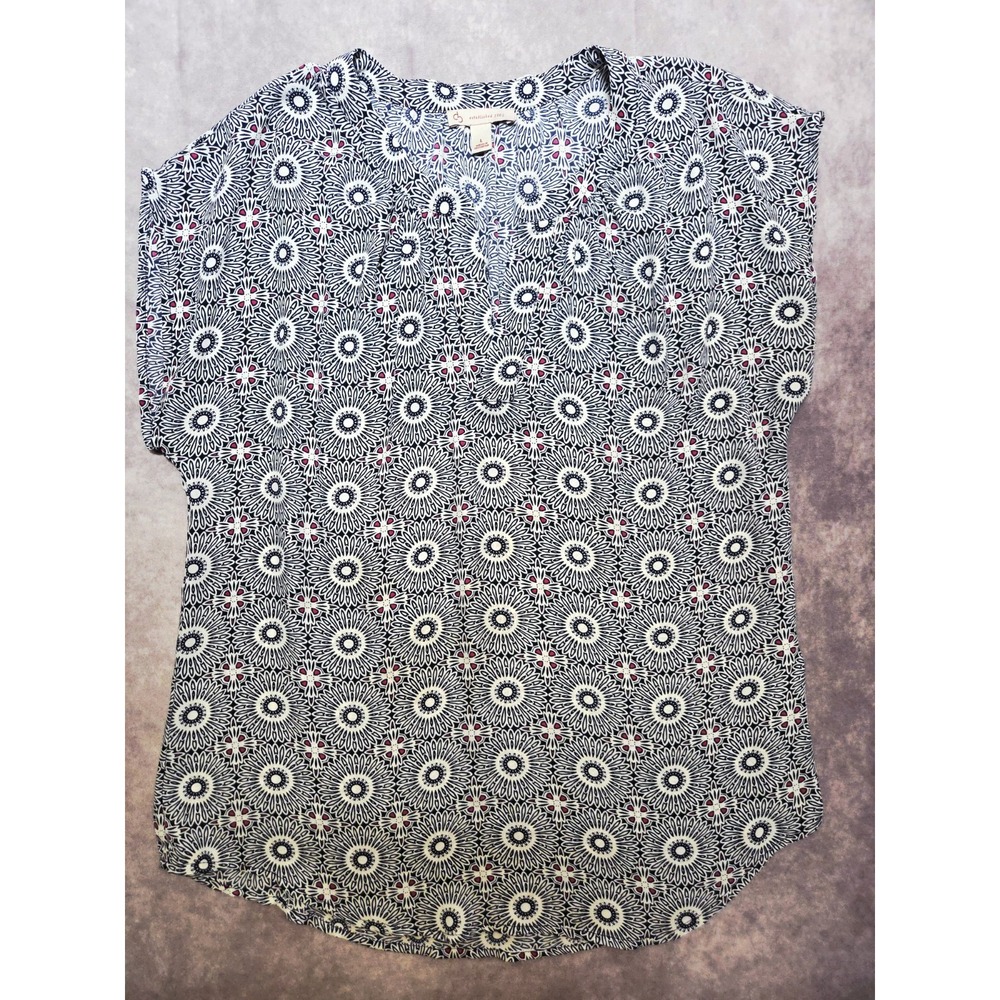 Dress Barn Womens Blouse Large  Short Sleeve Blue White Geometric Career Flowy